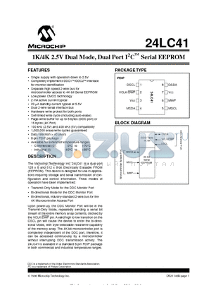 24LC41-IP datasheet - 1K/4K 2.5V Dual Mode, Dual Port I 2 C  Serial EEPROM