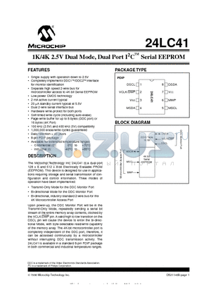24LC41-P datasheet - 1K/4K 2.5V Dual Mode, Dual Port I 2 C  Serial EEPROM