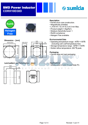 CDRH10D38DNP-100MC datasheet - Ferrite drum core construction