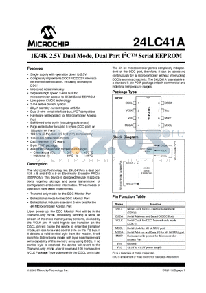 24LC41A datasheet - 1K/4K 2.5V Dual Mode, Dual Port I2C Serial EEPROM