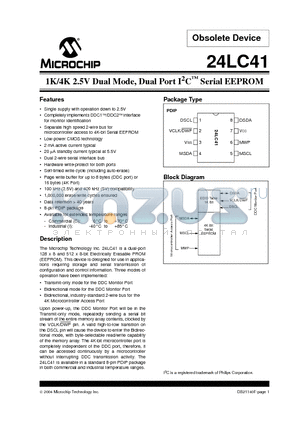 24LC41 datasheet - 1K/4K 2.5V Dual Mode, Dual Port I2C Serial EEPROM