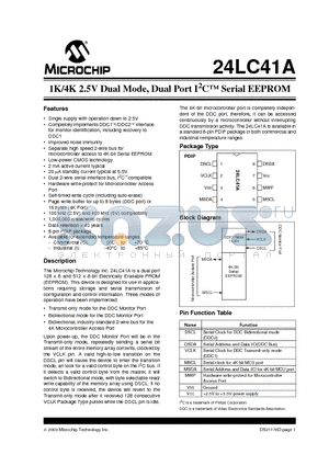 24LC41A-/P datasheet - 1K/4K 2.5V Dual Mode, Dual Port I2C Serial EEPROM