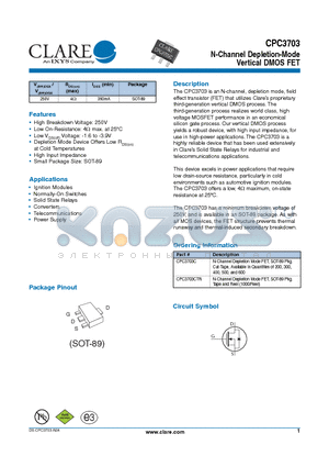 CPC3703 datasheet - N-Channel Depletion-Mode Vertical DMOS FET