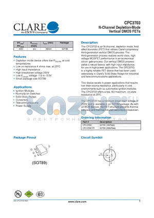 CPC3703C datasheet - N-Channel Depletion-Mode Vertical DMOS FETs