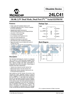 24LC41P datasheet - 1K/4K 2.5V Dual Mode, Dual Port I2C Serial EEPROM