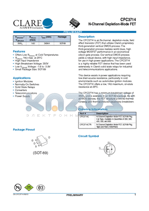 CPC3714 datasheet - N-Channel Depletion-Mode FET