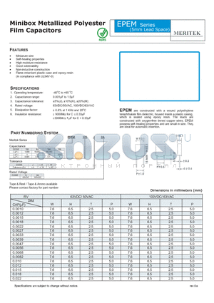 EPEM102M2A datasheet - Minibox Metallized Polyester Film Capacitors