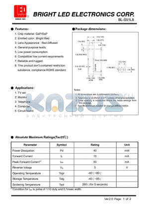 BL-S51L8 datasheet - GaP/GaP Bright Red Low power consumption.