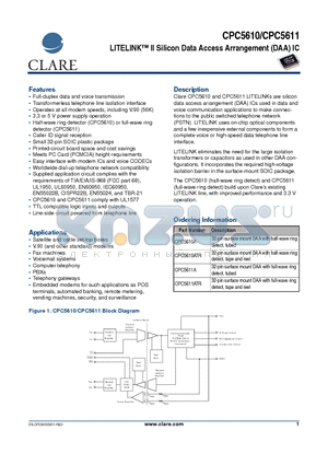 CPC5610 datasheet - LITELINK II Silicon Data Access Arrangement (DAA) IC