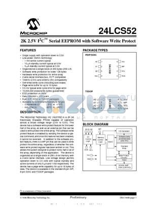 24LC52-IP datasheet - 2K 2.5V I 2 C  Serial EEPROM with Software Write Protect