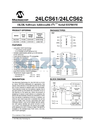 24LC61-ISN datasheet - 1K/2K Software Addressable I 2 C  Serial EEPROM