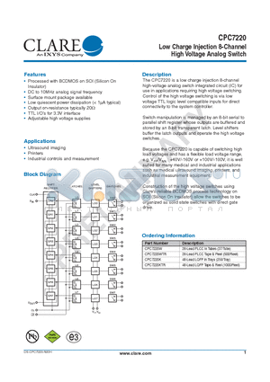 CPC7220 datasheet - Low Charge Injection 8-Channel High Voltage Analog Switch