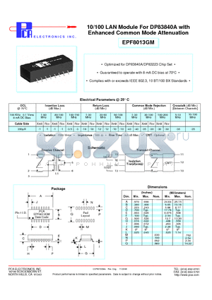 EPF8013GM datasheet - 10/100 LAN Module For DP83840A with Enhanced Common Mode Attenuation