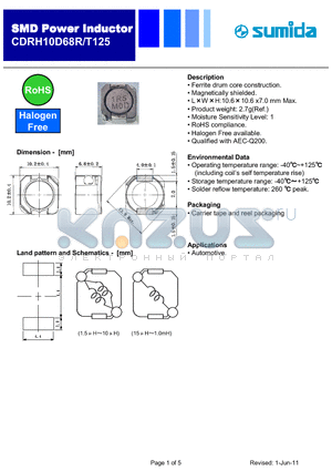 CDRH10D68RT125NP-101PC datasheet - Ferrite drum core construction