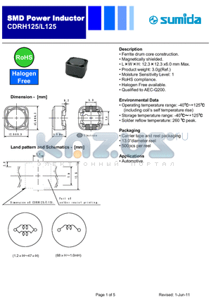 CDRH125L125NP-100MC datasheet - Power Inductor