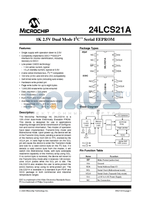 24LCS21AT-I/P datasheet - 1K 2.5V Dual Mode I2C Serial EEPROM