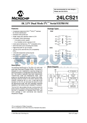 24LCS21_05 datasheet - 1K 2.5V Dual Mode I 2 C Serial EEPROM