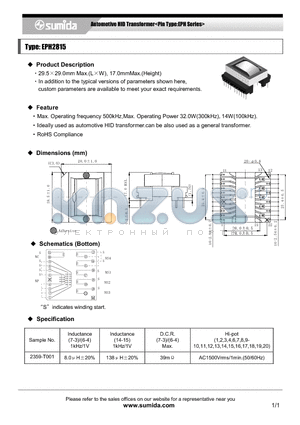 EPH2815 datasheet - Automotive HID Transformer <Pin Type:EPH Series>