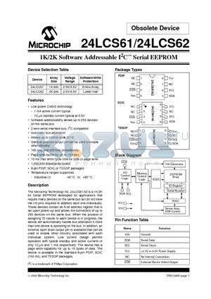 24LCS62 datasheet - 1K/2K Software Addressable I2C Serial EEPROM