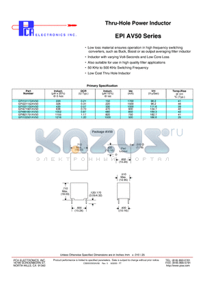 EPI102501AV50 datasheet - Thru-Hole Power Inductor