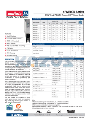 CPCI200D-1 datasheet - 200W 3Ux4HP DC/DC CompactPCI Power Supply