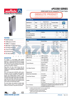 CPCI350D-1C datasheet - 350W 6Ux8HP DC/DC CompactPCI Power Supply