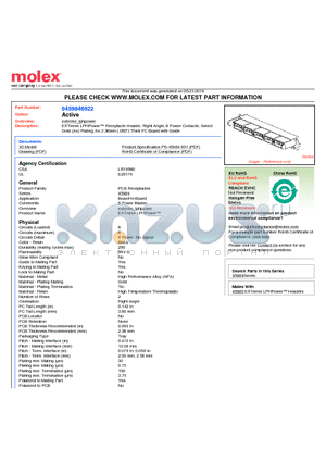 45984-6922 datasheet - EXTreme LPHPower Receptacle Header, Right Angle, 6 Power Contacts, Select Gold (Au) Plating, for 2.36mm (.093