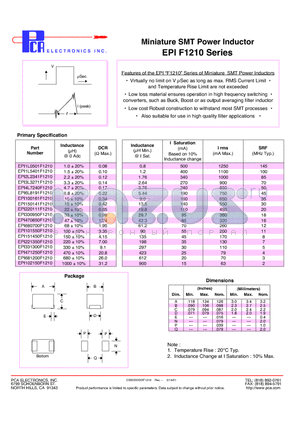 EPI1L5401F1210 datasheet - Miniature SMT Power Inductor