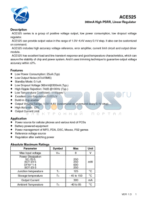 ACE525 datasheet - 300mA High PSRR, Linear Regulator