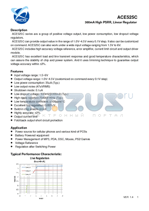 ACE525C datasheet - 300mA High PSRR, Linear Regulator