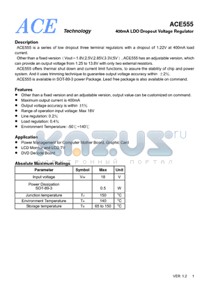 ACE55527AMA+ datasheet - 400mA LDO Dropout Voltage Regulator