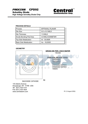 CPD92 datasheet - Schottky Diode High Voltage Schottky Diode Chip