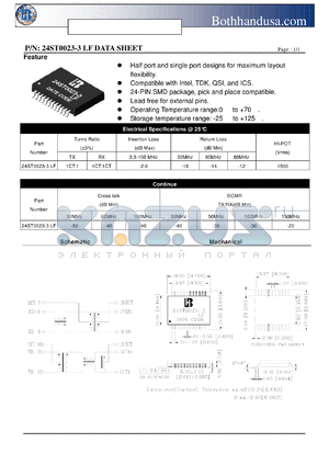 24ST0023-3-LF datasheet - 10/100 PC CARD LAN MAGNETICS