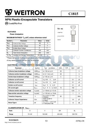 C1815 datasheet - NPN Plastic-Encapsulate Transistors