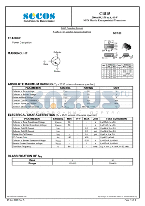 C1815 datasheet - NPN Plastic Encapsulated Transistor