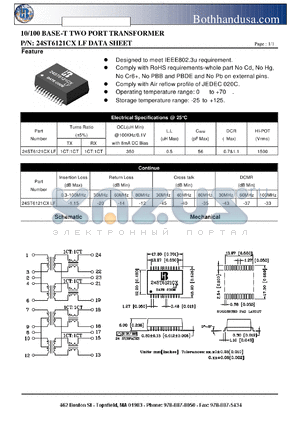 24ST6121CXLF datasheet - 10/100 BASE-T TWO PORT TRANSFORMER