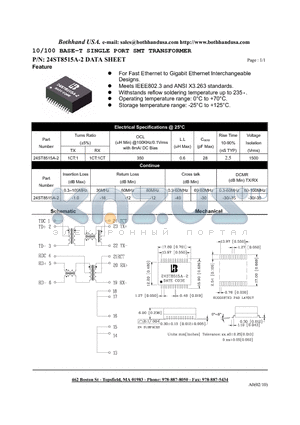 24ST8515A-2 datasheet - 10/100 BASE-T SINGLE PORT SMT TRANSFORMER