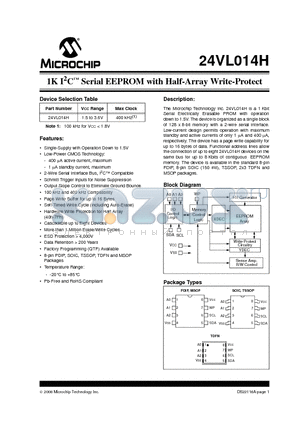 24VL014H/P datasheet - 1K I2C Serial EEPROM with Half-Array Write-Protect
