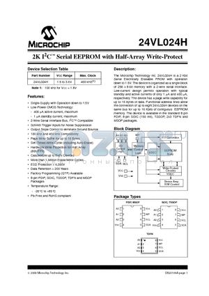 24VL024H/MNY datasheet - 2K I2C Serial EEPROM with Half-Array Write-Protect