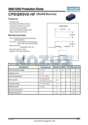 CPDQR5V0-HF datasheet - SMD ESD Protection Diode