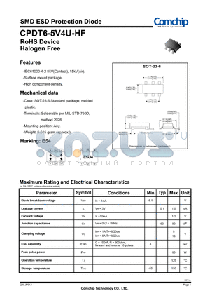 CPDT6-5V4U-HF datasheet - SMD ESD Protection Diode