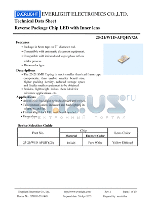 25-21-W1D-APQHY-2A datasheet - Reverse Package Chip LED with Inner lens