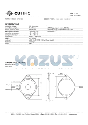 CPE-120 datasheet - piezo audio transducer