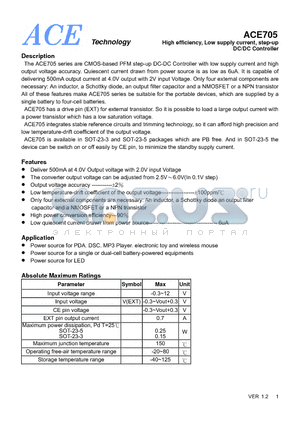ACE705 datasheet - High efficiency, Low supply current, step-up DC/DC Controller
