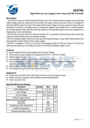 ACE705 datasheet - High efficiency, Low supply current, step-up DC/DC Controller