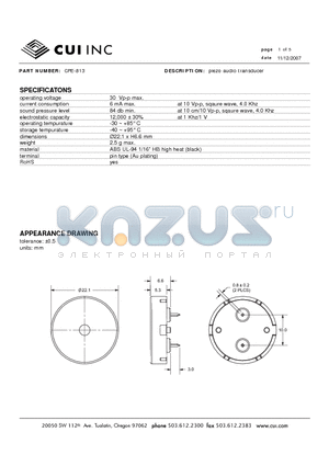 CPE-813 datasheet - piezo audio transducer