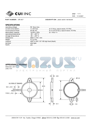 CPE-827 datasheet - piezo audio transducer