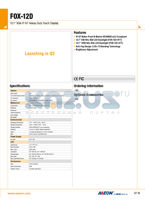 FOX-12D datasheet - 12.1 XGA IP-67 Heavy-Duty Touch Display