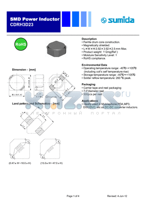 CDRH3D23NP-1R0PC datasheet - Ferrite drum core construction.