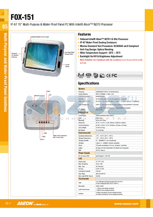 FOX-151 datasheet - IP-67 15 Multi-Purpose & Water-Proof Panel PC With Intel^ Atom N270 Processor